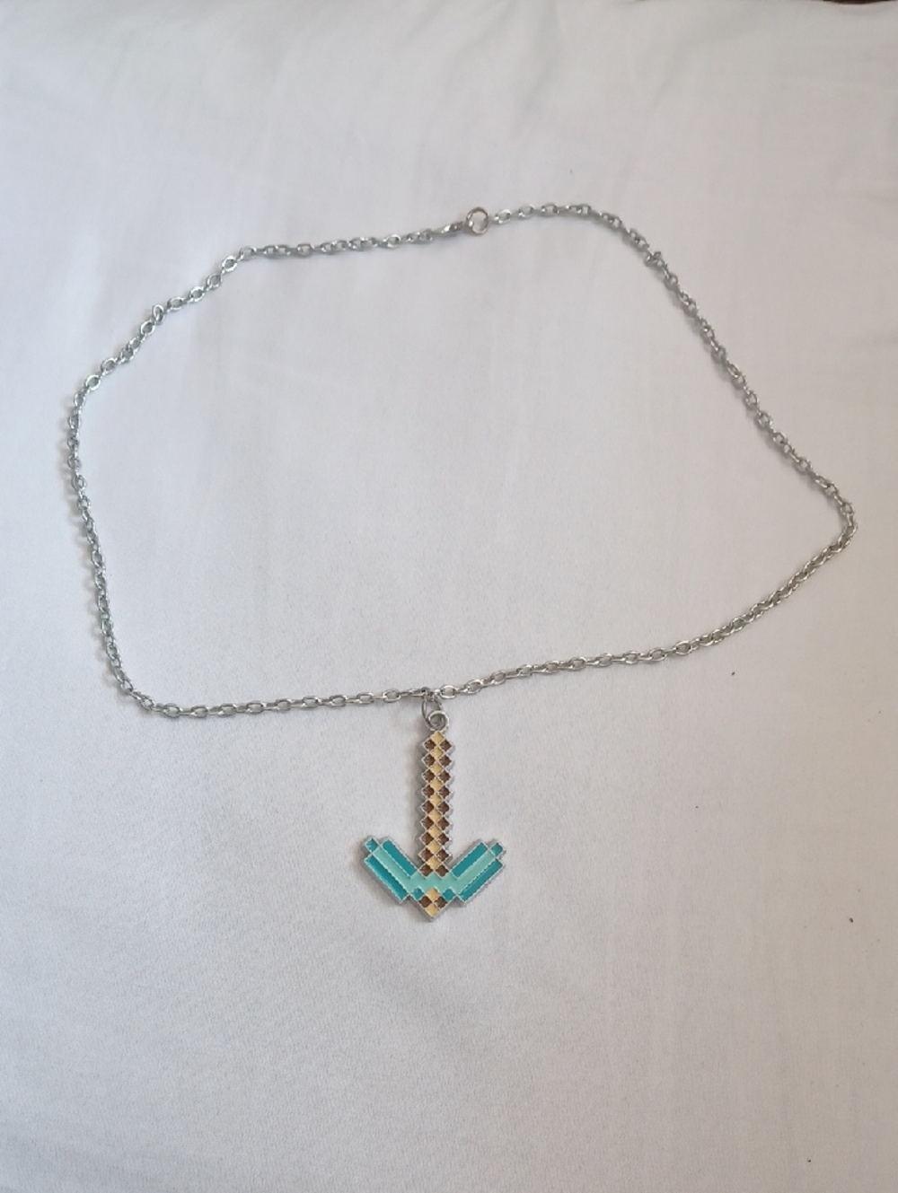 4/$60 Silver Chain Necklace with Turquoise & Brown Minecraft Pickaxe Charm